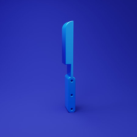 Blue Barbecue knife icon isolated on blue background. Kitchen knife icon. BBQ knife sign. Barbecue and grill tool. Minimalism concept. 3D render illustration.の写真素材
