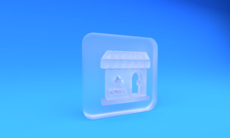 Frosted glass Barbecue shopping building or market store icon isolated on blue background. BBQ grill party. Shop construction. Square frosted glass button. 3D render illustration.の写真素材