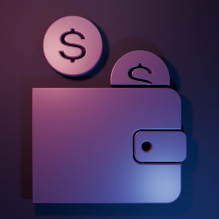 Purple Wallet with coin icon isolated on purple-blue background. Money Wallet. Coin dollar symbol. Minimalism concept. 3D render illustration.の写真素材