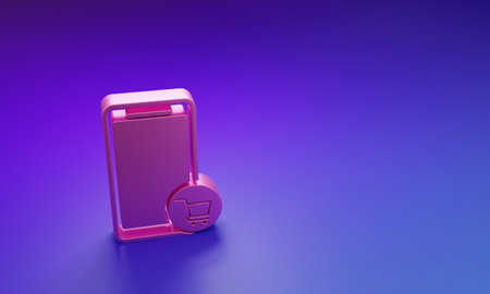 Pink Mobile phone and shopping cart icon isolated on purple-blue background. Online buying symbol. Supermarket basket symbol. Minimalism concept. 3D render illustration.の写真素材