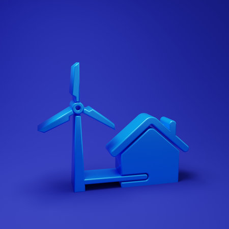 Blue House with wind turbine for electric energy generation icon isolated on blue background. Eco-friendly house. Environmental Protection. Minimalism concept. 3D render illustration.の写真素材
