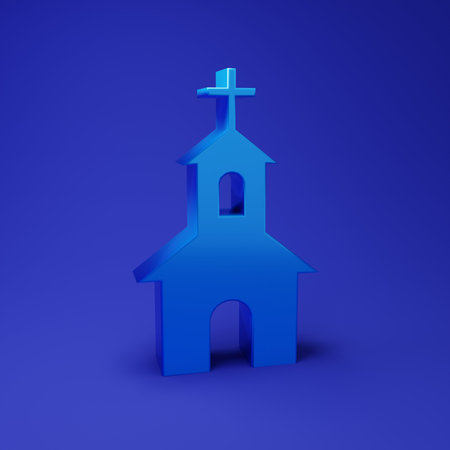 Blue Church building icon isolated on blue background. Christian Church. Religion of church. Minimalism concept. 3D render illustration.の写真素材