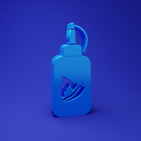 Blue Ketchup bottle icon isolated on blue background. Fire flame icon. Hot chili pepper pod sign. Barbecue and BBQ grill symbol. Minimalism concept. 3D render illustration.の写真素材