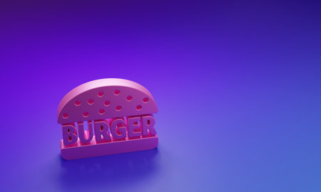 Pink Burger icon isolated on purple-blue background. Hamburger icon. Cheeseburger sandwich sign. Minimalism concept. 3D render illustration.の写真素材