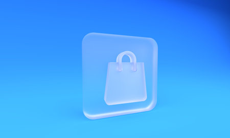 Frosted glass Handbag icon isolated on blue background. Shopping bag sign. Woman bag icon. Female handbag sign. Glamor casual baggage. Square frosted glass button. 3D render illustration.の写真素材