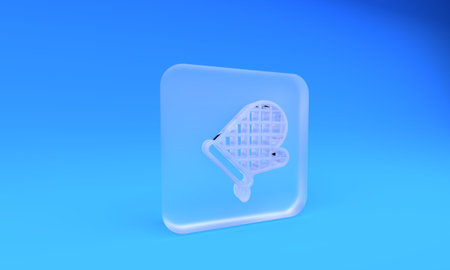Frosted glass Oven glove icon isolated on blue background. Kitchen potholder sign. Cooking glove. Square frosted glass button. 3D render illustration.の写真素材