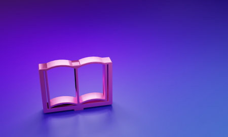 Pink Open book icon isolated on purple-blue background. Minimalism concept. 3D render illustration.の写真素材