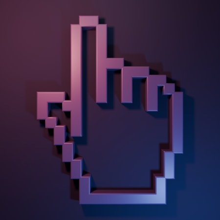Purple Pixel hand cursor icon isolated on purple-blue background. Pointer hand cursor. Minimalism concept. 3D render illustration.の写真素材