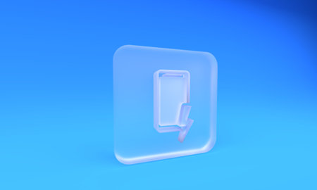 Frosted glass Smartphone charging battery icon isolated on blue background. Phone with a low battery charge. Square frosted glass button. 3D render illustration.の写真素材