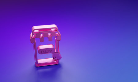 Pink Mobile phone and shopping cart with striped awning icon isolated on purple-blue background. Online buying symbol. Supermarket basket symbol. Minimalism concept. 3D render illustration.の写真素材