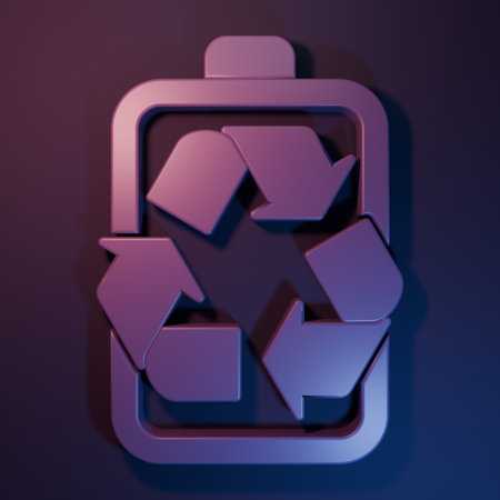 Purple Battery with recycle symbol line icon isolated on purple-blue background. Battery with recycling symbol - renewable energy concept. Minimalism concept. 3D render illustration.の写真素材