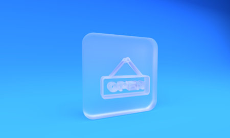 Frosted glass Hanging sign with text Open door icon isolated on blue background. Square frosted glass button. 3D render illustration.の写真素材