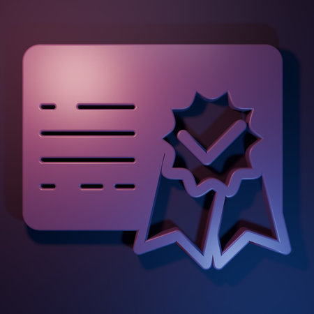 Purple Certificate template icon isolated on purple-blue background. Achievement, award, degree, grant, diploma. Business success certificate. Minimalism concept. 3D render illustration.の写真素材