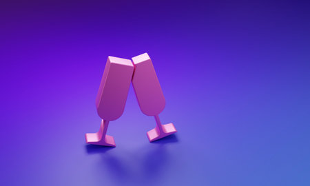 Pink Glasses of champagne icon isolated on purple-blue background. Minimalism concept. 3D render illustration.の写真素材
