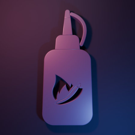 Purple Ketchup bottle icon isolated on purple-blue background. Fire flame icon. Hot chili pepper pod sign. Barbecue and BBQ grill symbol. Minimalism concept. 3D render illustration.の写真素材