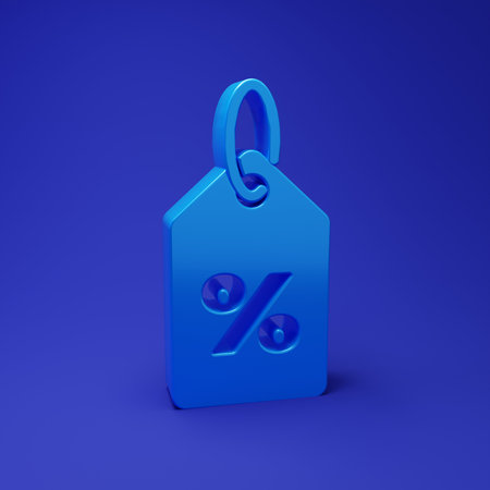 Blue Discount percent tag icon isolated on blue background. Shopping tag sign. Special offer sign. Discount coupons symbol. Minimalism concept. 3D render illustration.の写真素材
