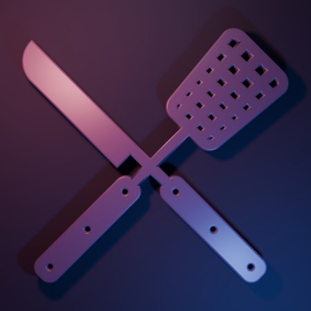 Purple Crossed knife and spatula icon isolated on purple-blue background. BBQ knife and spatula sign. Barbecue and grill tools. Minimalism concept. 3D render illustration.の写真素材