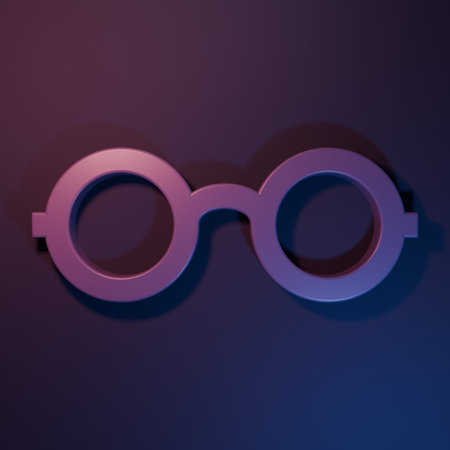 Purple Glasses icon isolated on purple-blue background. Eyeglass frame symbol. Minimalism concept. 3D render illustration.の写真素材