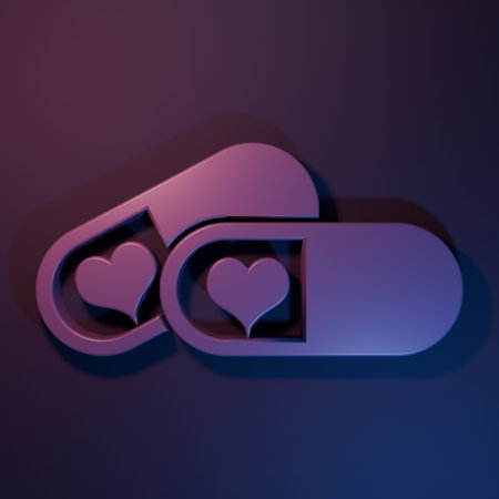 Purple Pills for potency, aphrodisiac icon isolated on purple-blue background. Sex pills for men and women. Minimalism concept. 3D render illustration.の写真素材