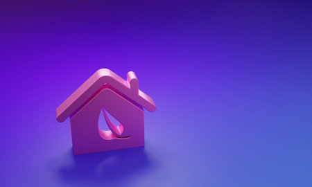 Pink Eco friendly house icon isolated on purple-blue background. Eco house with leaf. Minimalism concept. 3D render illustration.の写真素材