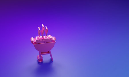 Pink Barbecue grilled shish kebab on skewer stick icon isolated on purple-blue background. BBQ meat kebab on skewer stick. Picnic with grilled meat. Minimalism concept. 3D render illustration.の写真素材