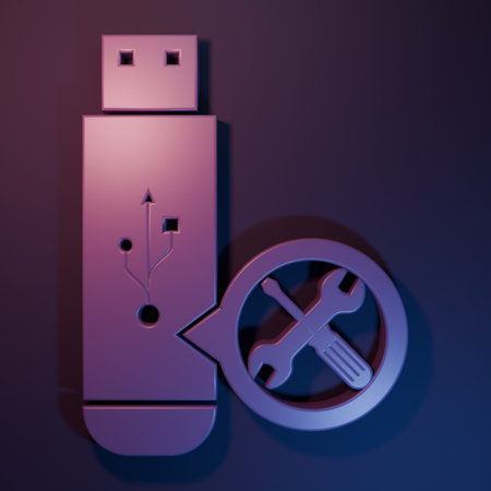 Purple USB flash drive with screwdriver and wrench icon isolated on purple-blue background. Adjusting, service, setting, maintenance, repair, fixing. Minimalism concept. 3D render illustration.の写真素材