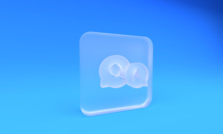 Frosted glass Speech bubbles with Question and Answer icon isolated on blue background. Q and A symbol. FAQ sign. Chat speech bubble and chart. Square frosted glass button. 3D render illustration.の写真素材