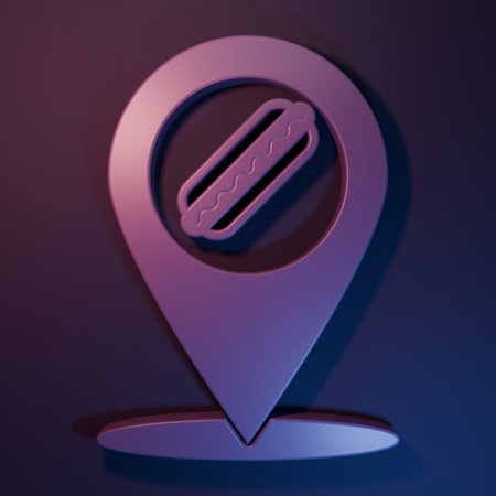Purple Map pointer with fast food hotdog icon isolated on purple-blue background. Sausage icon. Minimalism concept. 3D render illustration.の写真素材