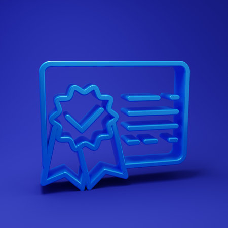 Blue Certificate template line icon isolated on blue background. Achievement, award, degree, grant, diploma. Business success certificate. Minimalism concept. 3D render illustration.の写真素材