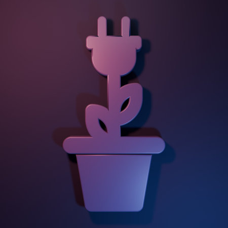 Purple Electric saving plug in pot icon isolated on purple-blue background. Save energy electricity icon. Environmental protection icon. Bio energy. Minimalism concept. 3D render illustration.の写真素材