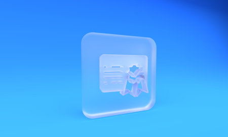 Frosted glass Certificate template icon isolated on blue background. Achievement, award, degree, grant, diploma. Business success certificate. Square frosted glass button. 3D render illustration.の写真素材