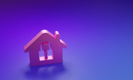 Pink House under protection icon isolated on purple-blue background. Home and lock. Protection, safety, security, protect, defense concept. Minimalism concept. 3D render illustration.の写真素材
