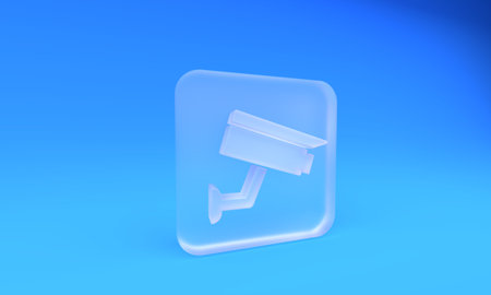Frosted glass Security camera icon isolated on blue background. Square frosted glass button. 3D render illustration.の写真素材