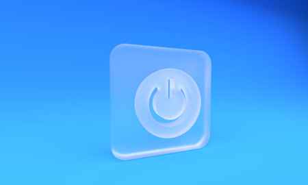 Frosted glass Power button icon isolated on blue background. Start sign. Square frosted glass button. 3D render illustration.の写真素材