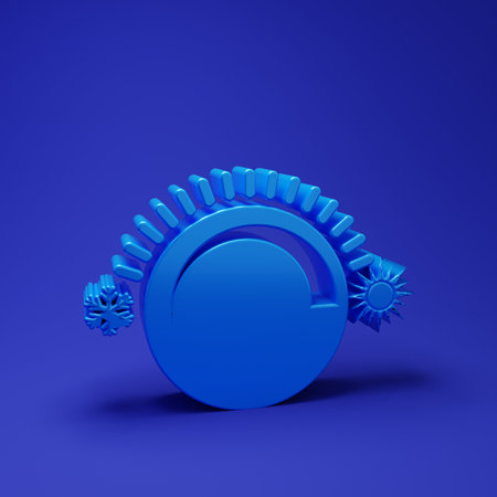 Blue Thermostat icon isolated on blue background. Temperature control. Minimalism concept. 3D render illustration.の写真素材