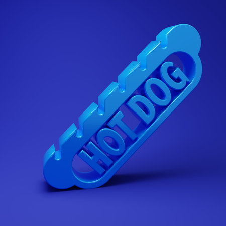 Blue Hotdog sandwich icon isolated on blue background. Sausage icon. Fast food sign. Minimalism concept. 3D render illustration.の写真素材