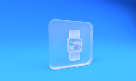 Frosted glass Smartwatch with screwdriver and wrench icon isolated on blue background. Adjusting, service, setting, maintenance, repair, fixing. Square frosted glass button. 3D render illustration.の写真素材