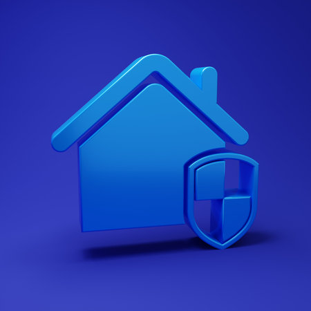 Blue House under protection icon isolated on blue background. Home and shield. Protection, safety, security, protect, defense concept. Minimalism concept. 3D render illustration.の写真素材