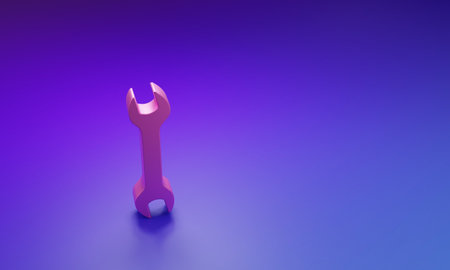 Pink Wrench icon isolated on purple-blue background. Spanner repair tool. Service tool symbol. Minimalism concept. 3D render illustration.の写真素材