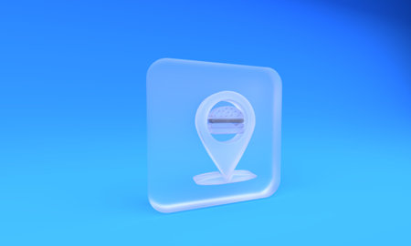 Frosted glass Map pointer with fast food burger icon isolated on blue background. Square frosted glass button. 3D render illustration.の写真素材