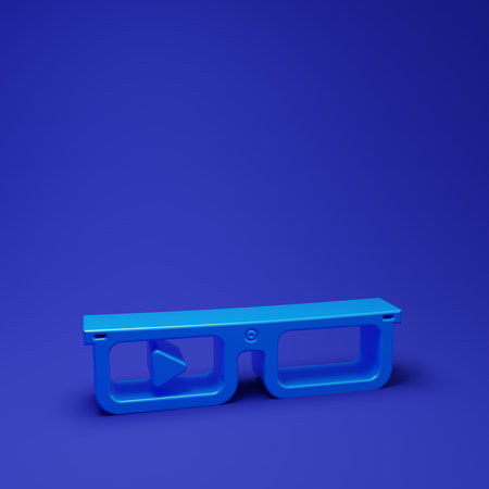 Blue Smart glasses mounted on spectacles icon isolated on blue background. Wearable electronics smart glasses with camera and display. Minimalism concept. 3D render illustration.の写真素材