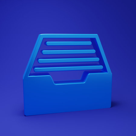 Blue Drawer with documents icon isolated on blue background. Archive papers drawer. File Cabinet Drawer. Office furniture. Minimalism concept. 3D render illustration.の写真素材