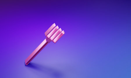 Pink Garden pitchfork icon isolated on purple-blue background. Garden fork sign. Tool for horticulture, agriculture, farming. Minimalism concept. 3D render illustration.の写真素材
