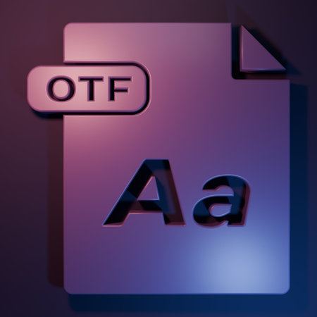 Purple OTF file document. Download otf button icon isolated on purple-blue background. OTF file symbol. Minimalism concept. 3D render illustration.の写真素材