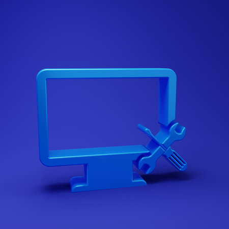 Blue Computer monitor with screwdriver and wrench icon isolated on blue background. Adjusting, service, setting, maintenance, repair, fixing. Minimalism concept. 3D render illustration.の写真素材