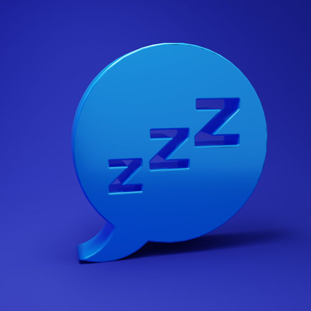 Blue Speech bubble with snoring icon isolated on blue background. Concept of sleeping, insomnia, alarm clock app, deep sleep, awakening. Minimalism concept. 3D render illustration.の写真素材