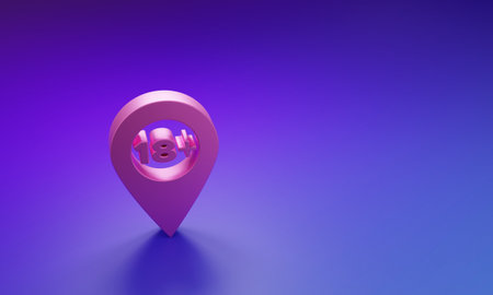 Pink Map pointer with 18 plus icon isolated on purple-blue background. Age restriction symbol. 18 plus content sign. Adults content only icon. Minimalism concept. 3D render illustration.の写真素材
