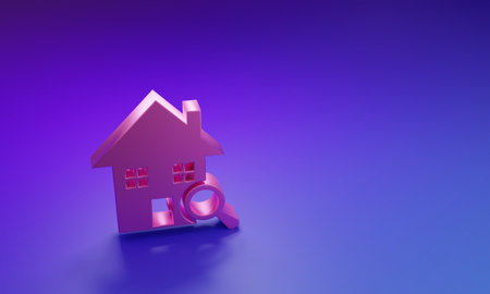 Pink Search house icon isolated on purple-blue background. Real estate symbol of a house under magnifying glass. Minimalism concept. 3D render illustration.の写真素材
