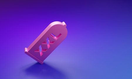Pink Condom safe sex icon isolated on purple-blue background. Safe love symbol. Contraceptive method for males. Minimalism concept. 3D render illustration.の写真素材