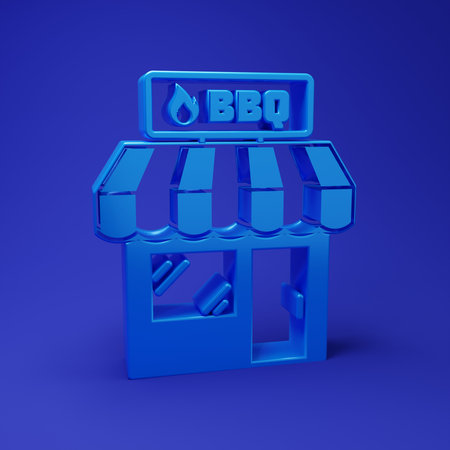 Blue Barbecue shopping building or market store icon isolated on blue background. BBQ grill party. Shop construction. Minimalism concept. 3D render illustration.の写真素材